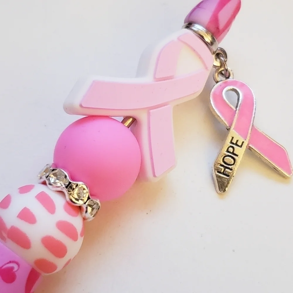 Handmade Breast Cancer Hope Charm Beaded Silicone Focal Bead Pen